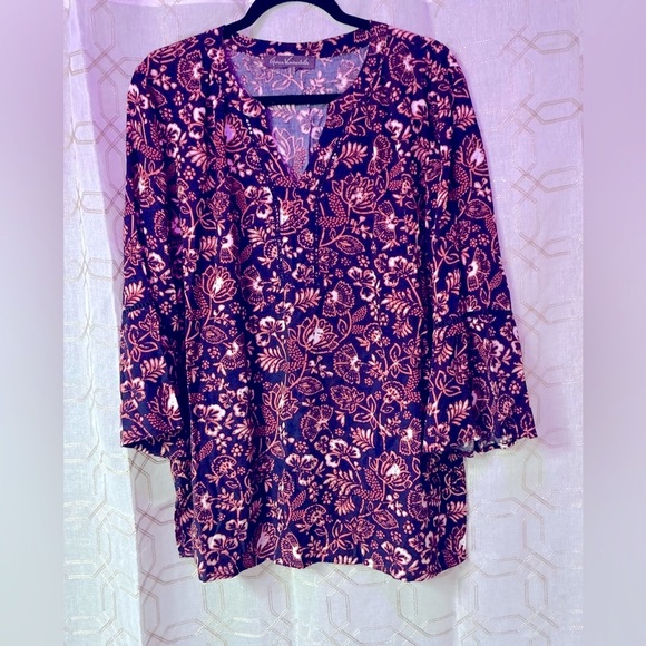 Gloria Vanderbilt Red and Blue Boxy 3/4 Sleeve Blouse - Picture 1 of 7
